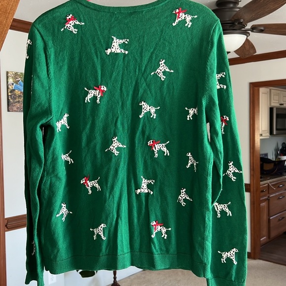 Talbots Women's Size LP Green Cashmere Cardigan Sweater Dalmation Dog Design - Picture 2 of 8